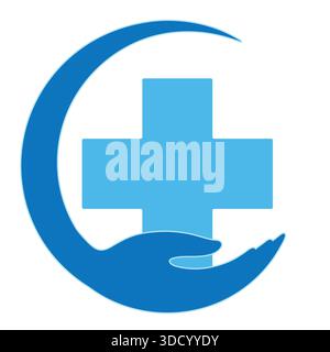 Medical care logo illustration. Hand with a cross on a white background. Stock Vector