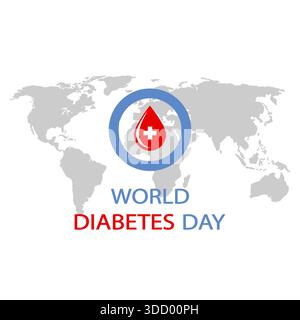 illustration of world diabetes day. blue circle with a drop of blood on a world map. Stock Vector