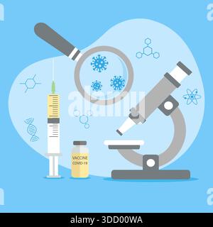 Laboratory research illustration. Testing of vaccine of coronavirus. Microscope with a magnifying glass and a syringe on a blue background. Stock Vector