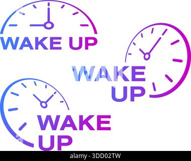 wake up and analog clock concept. wake up and three analog clocks. wake up word and three perspective wall clocks Stock Photo