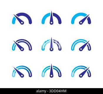 blue-dark blue semi-circle speedometer. three-step speedometer. dial interface with three different options. Stock Photo