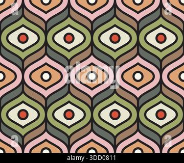 Retro Seamless Pattern with Mid-Century Geometric Ogee Shapes and Vintage Earth Tones. Vector illustration Stock Vector