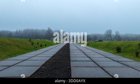 A long concrete walkway leads to a dark upright statue in Belarus, framed by low grassy embankments, sparse shrubs, leafless trees, and a misty forest Stock Photo