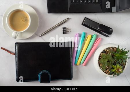 Charming Workspace Setup, Artistic Desk Arrangement Featuring Essentials Stock Photo