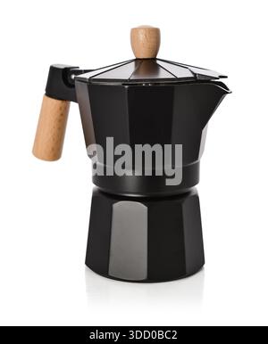 Black moka pot coffee maker with wooden handle isolated on white background, clipping path included Stock Photo