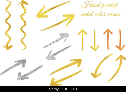 Golden silver hand drawn arrows set. Stock Vector