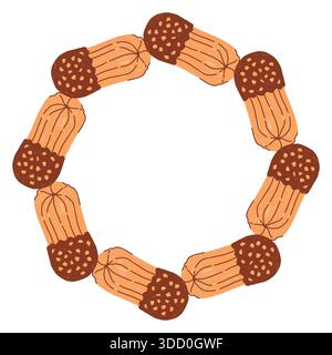 Hand drawn circular cookie frame in a simple doodle style, featuring cute baked shapes arranged in a soft, cozy wreath on a white background. Perfect Stock Vector