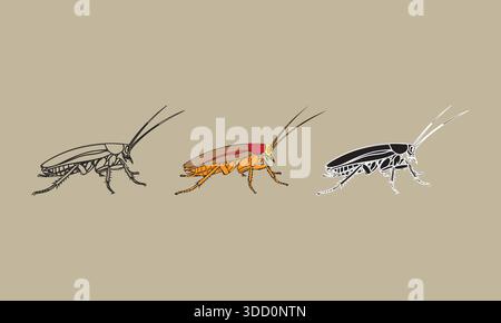 Three stylized cockroaches in different artistic renderings. Stock Vector