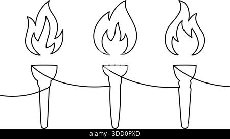Set of three continuous line torch drawings. Minimalist one line vector flame icons symbolizing ceremony, freedom, protest and victory Stock Vector