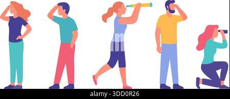 Group of people looking forward and using spyglasses or binoculars. Colorful design for exploration and future vision concepts Stock Vector