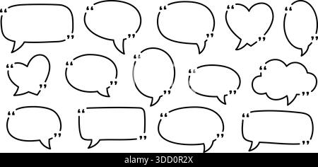 Outline speech bubbles with quotation marks. Doodle style talk balloons for communication, quotes, chat design, and cartoon comics Stock Vector