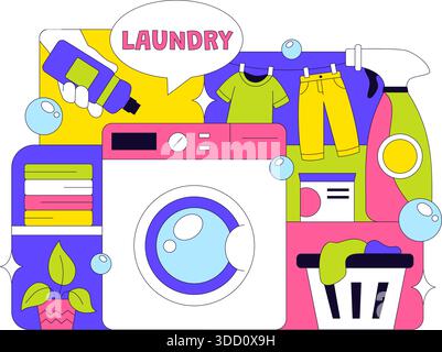 Laundry Room Vector Illustration Featuring Washing And Drying Machines, Basket Filled Dirty Clothes in a Flat Style Cartoon Background Stock Vector