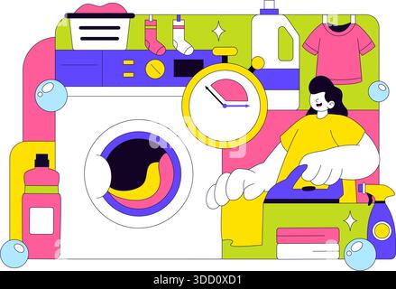 Laundry Room Vector Illustration Featuring Washing And Drying Machines, Basket Filled Dirty Clothes in a Flat Style Cartoon Background Stock Vector