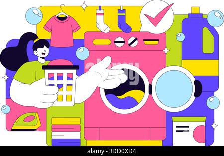 Laundry Room Vector Illustration Featuring Washing And Drying Machines, Basket Filled Dirty Clothes in a Flat Style Cartoon Background Stock Vector