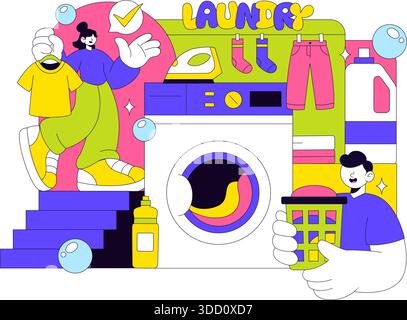 Laundry Room Vector Illustration Featuring Washing And Drying Machines, Basket Filled Dirty Clothes in a Flat Style Cartoon Background Stock Vector