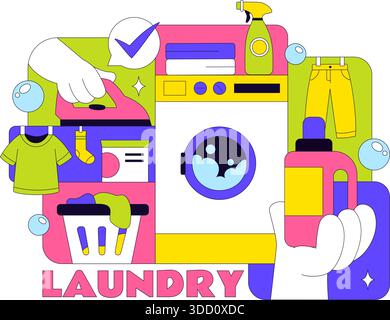 Laundry Room Vector Illustration Featuring Washing And Drying Machines, Basket Filled Dirty Clothes in a Flat Style Cartoon Background Stock Vector