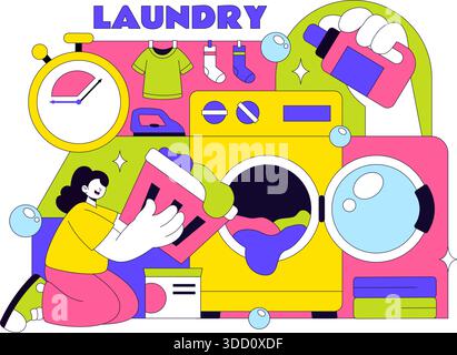 Laundry Room Vector Illustration Featuring Washing And Drying Machines, Basket Filled Dirty Clothes in a Flat Style Cartoon Background Stock Vector