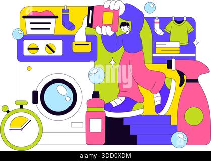 Laundry Room Vector Illustration Featuring Washing And Drying Machines, Basket Filled Dirty Clothes in a Flat Style Cartoon Background Stock Vector