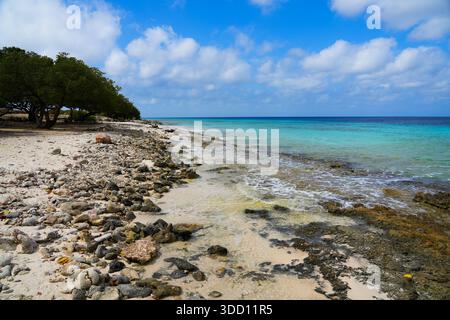 Pristine tropical beach with white sand and turquoise water at Donkey Beach, Bonaire Stock Photo
