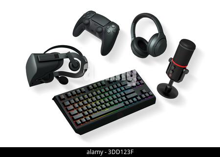 Gaming accessories including VR headset, RGB keyboard, headphones, and microphone shown isolated on white background with clipping path, tech concept Stock Photo