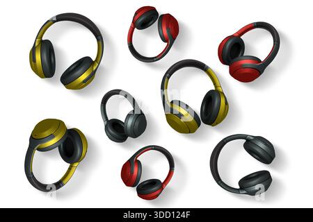 Wireless headphones shown from different angles isolated on white background with clipping path. Concept of audio technology. Stock Photo