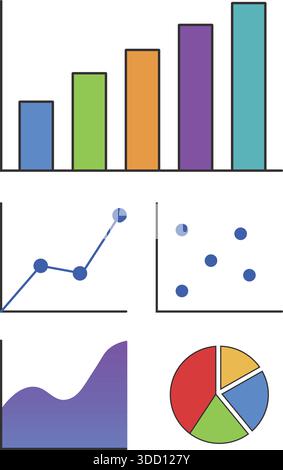 Grid of small panels showing bar chart, line chart, scatter plot and pie chart for data visuals. Stock Vector