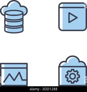 Column of rounded app icons including database, play button, graph and gear for interface concepts. Stock Vector
