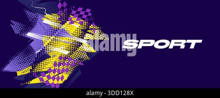 Modern and Dynamic Sport Background with Purple and Yellow Brush Strokes in Grunge Style, and Halftone Pattern. Creative Sport Banner in Retro and Pop Stock Vector