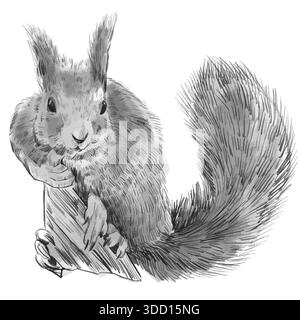 Squirrel. Black and white pencil drawing of a squirrel with fluffy long ears and tail isolated on a white background. Hand draw realistic vector drawi Stock Vector