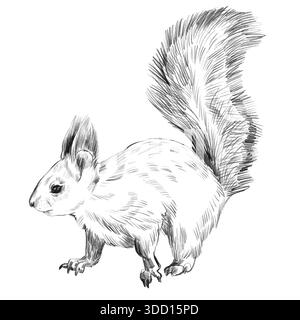 Squirrel. Black and white pencil drawing of a squirrel with fluffy long ears and tail isolated on a white background. Hand draw realistic vector drawi Stock Vector