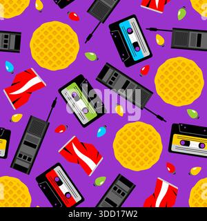 Seamless pattern with cassette tapes, yellow waffles, walkie-talkies and red banners. Nostalgic vintage objects for geek culture design. Stock Vector