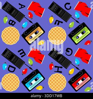 Seamless vintage pattern with retro gadgets and snacks. Cassettes, walkie-talkies, waffles and letters on dark blue background. 80s mystery horror ins Stock Vector