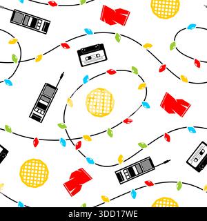 Retro 80s seamless pattern on white. Features walkie-talkies, cassette tapes, waffles and glowing string lights. Nostalgic mystery adventure aesthetic Stock Vector