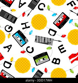 seamless pattern Featuring cassette tapes, walkie-talkies, yellow waffles, red flags and alphabet letters. Retro tech and snack vintage aesthetic for Stock Vector