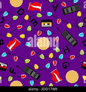 Seamless retro pattern with waffles, cassettes, walkie-talkies and alphabet lights on purple. Inspired by 80s sci-fi horror. Nostalgic vintage adventu Stock Vector