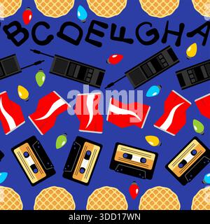80s nostalgia seamless pattern with cassette tapes, waffles, walkie-talkies and letters on blue. Retro horror vibe for wallpaper and fabric. Minimalis Stock Vector