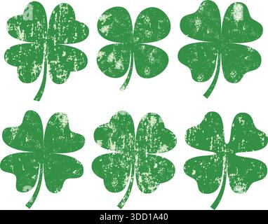 Green vector four leaf clover silhouette s with texture for cards, Saint Patrick's day designs and icons Stock Vector