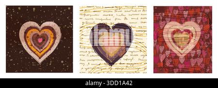 Vector abstract hand painted boho heart backgrounds set in earthy brown tones with half tone texture and hand written vintage text Stock Vector