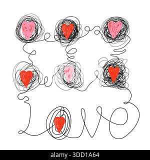 Valentine's Day vector greeting card with text Love and doodle hearts on tangled black lines, poster, banner Stock Vector