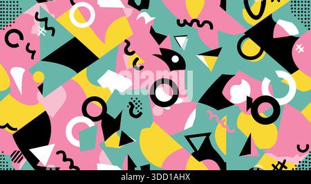 A vibrant and energetic seamless pattern vector in the popular Memphis style, reminiscent of 1980s and 1990s pop culture and fashion. Stock Vector