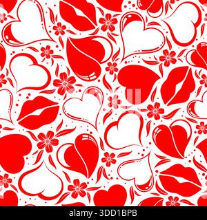 Valentines Day seamless pattern with Hearts, flower and lips, element for design, vector illustration Stock Vector
