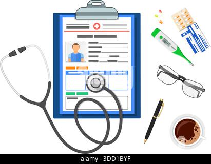 Medical record concept with flat icons card of patient, stethoscope, thermometer and pills. isolated vector illustration Stock Vector