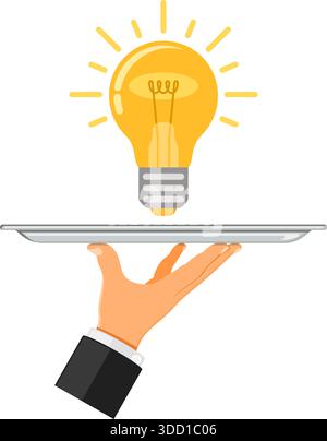 Hand holding tray with light bulb and other hand giving money. crowdfunding, innovation, idea, investments concept. flat style icons. isolated vector Stock Vector