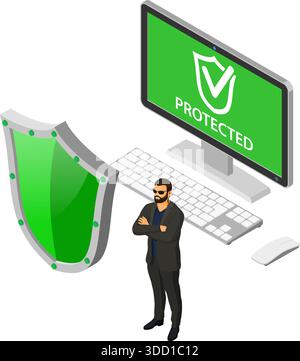Cyber security isometric concept. Guard protects computer from hacker attacks. Internet Security vector with isometric icons people Stock Vector