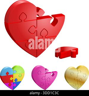 Love Concept - Set 3D Heart Puzzle. Broken and Whole. It is easy to change the color. Vector Illustration. Stock Vector