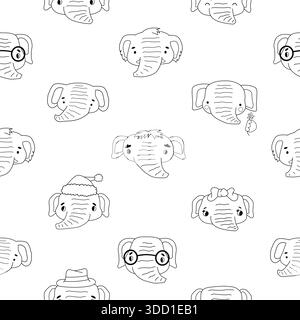 Black white line outline seamless pattern of a set of elephants. Isolated cute animals on white background can be used for coloring book or fabric Stock Vector