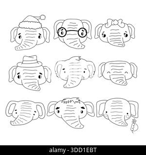 Set of black white isolated elephants. Cute line animals on white background for educational or coloring books Stock Vector