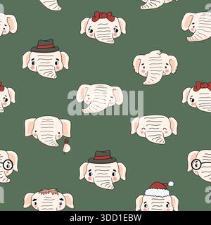 Seamless pattern of vector cute light pink or white elephants heads. Isolated hand drawn illustrations repeatable print for wallpapers, fabric Stock Vector