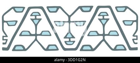 Abstract illustration of stylized tribal masks and faces in a seamless pattern, featuring grey lines and blue accents for cultural design. Stock Photo