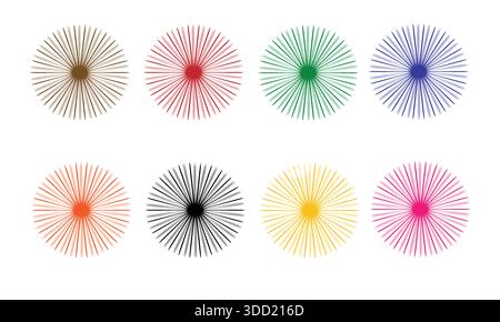 Colorful radial sunburst floral abstract design set with vibrant circular starburst patterns modern geometric flower shapes isolated on background Stock Vector